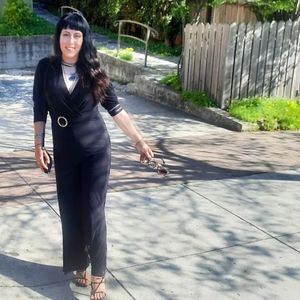 Long leg pant suit plunge v neck loose